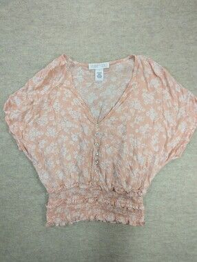 Planet Gold Peachy Pink White Floral Slouchy Top Cropped Blouse Feminine Short L
